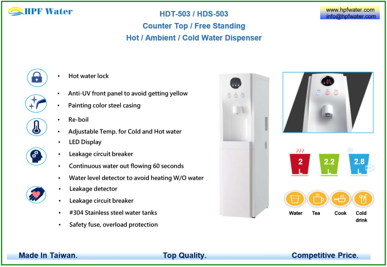 Counter Top Free Standing Hot Ambient Cold Water Dispenser made in Taiwan, Anti-UV front panel